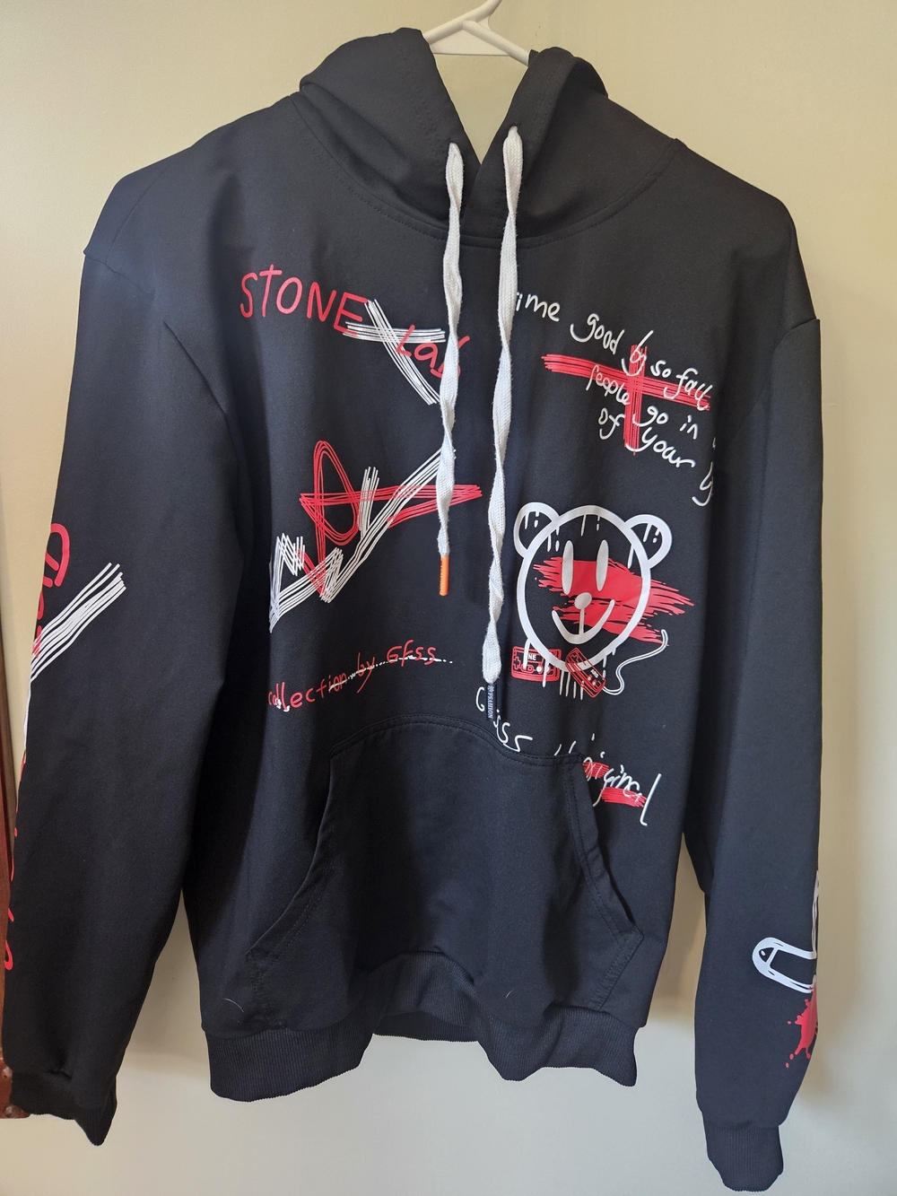 SHEIN Black  Hoodie with Red & White Graphic Accents